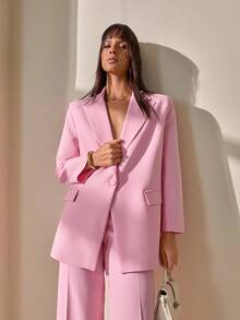 CLARA VERO 单纽扣开合、带翻盖口袋的西装外套，搭配同款高腰裤，优雅的两件套西装 - 淺粉色 - 查看 6