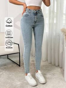 SHEIN Cottnline High Waist Button Detailed Skinny Jean - Medium Wash - View 1