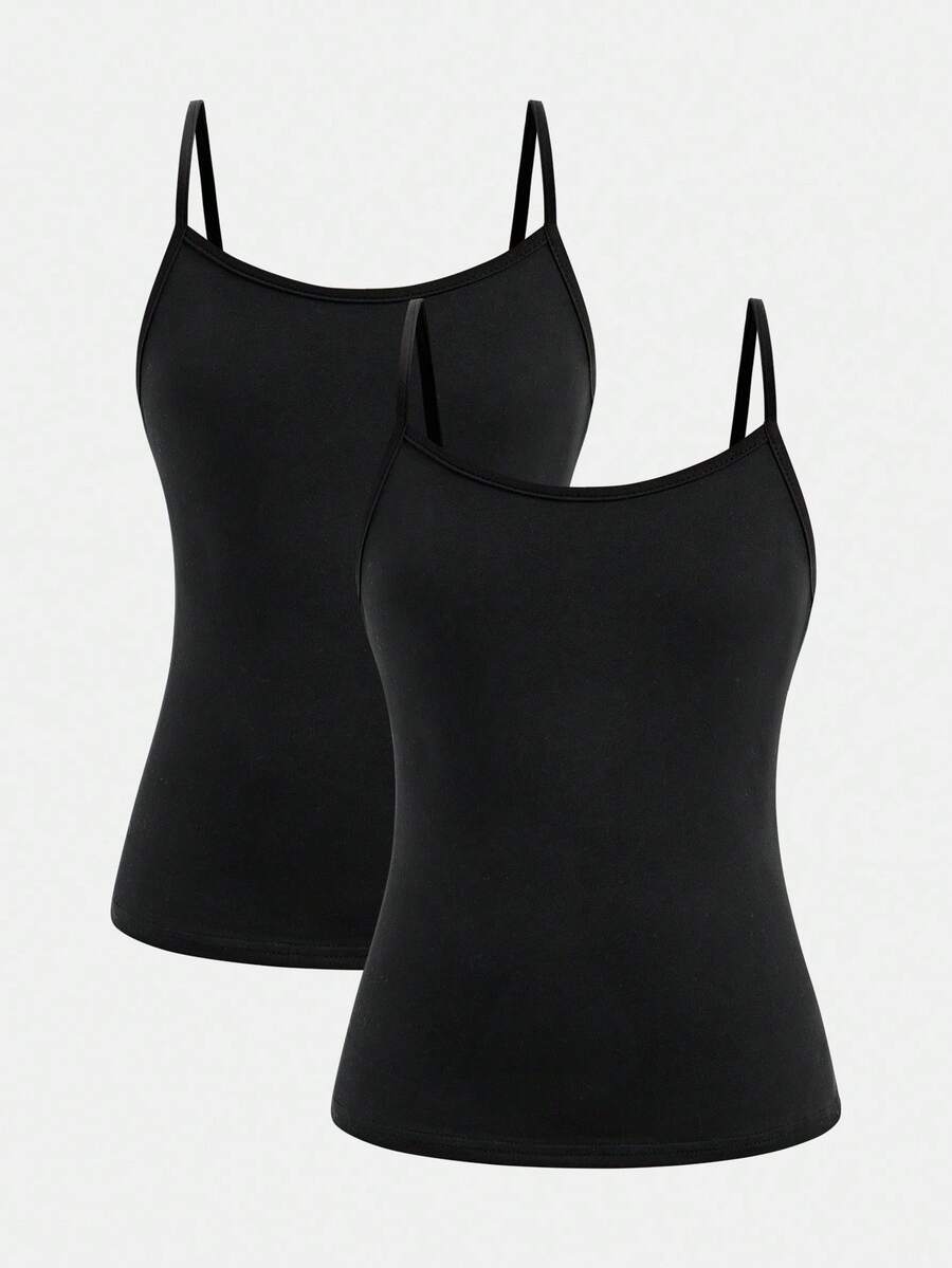 SHEIN Girlism Tween Girls 2pcs/Set All-Match Slim Fit Simple Basic Cami Top Girls Cami Tank Tops Tight Tops Black Cami Cami Tops Black Cami Tops Girls Tank Tops Camisoles For Teens Tank Tops With Bras Teen - Black - View 1