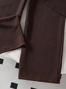 Sparklyn 少女T恤套装，年轻女士时尚灰色服装，白色领口拼接和弧形下摆，搭配裤子，休闲简约 - 棕色 - 查看 4