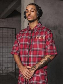 PAVTROS Manfinity Streetrush 男士街头风短款衬衫和裤子两件套，街头服饰，红色格子短款衬衫搭配抽绳长裤，个性化标语印花 Y2K 风格服装，前卫男士时尚，适合大学校园，送给他的礼物，圣诞节礼物 - 彩色 - 查看 2