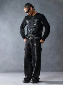 ROMWE MEN Anime Moletom de Manga Longa com Gola Careca e Esqueleto Cravejado de Strass, Halloween - Preto - Visão 6