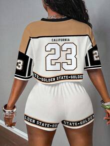 Slaydiva Bộ 2 áo thun và quần short in chữ và số Colorblock thường ngày dành cho nữ, mùa hè - Nhiều màu - Xem 2