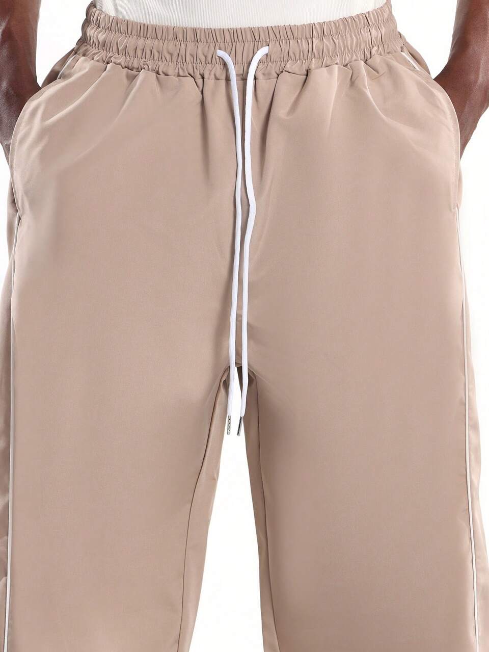 SUMWON Relaxed Fit Elastic Waist Track Style Pants Loose Casual Drawstring Streetwear Bottoms With Piping Detail Fall Winter Everyday Comfort