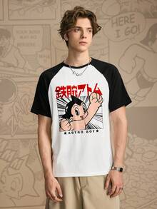 Astro Boy X SHEIN Men's Casual Cartoon Pattern Contrast Color Raglan Sleeve T-Shirt, Summer - White - View 3