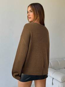 Aloruh Women's Casual Versatile Solid Color V-Neck Loose Knit Sweater In Fall/Winter,Brown Sweater - Brown - View 2