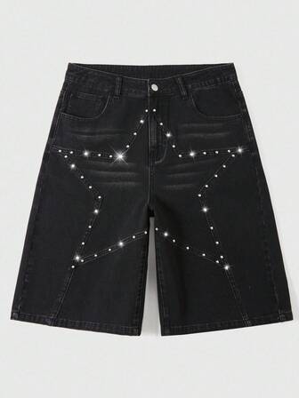 Street Life Casual Fashion Versatile Button Closure Star Men's Denim Shorts