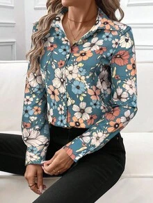 SHEIN Clasi Women's Floral Line Print Button Front Long Sleeve Shirt, Suitable For Commuting And Daily Wear, Autumn/Winter - Dusty Blue - View 6