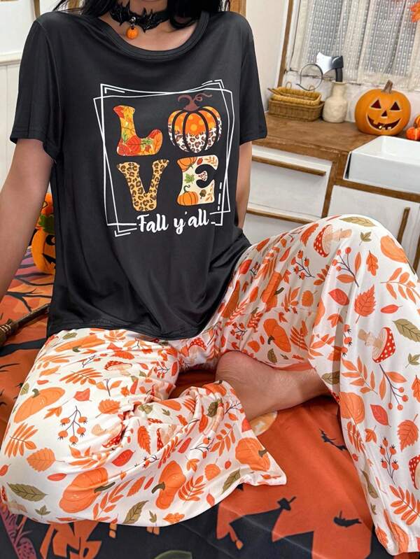 SHEIN Halloween Pajama Casual Women's Knitted Pajama Set With Fall Letter Print And Round Neck  Orange Pj Set