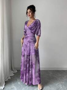 Elenzga Váy họa tiết hoa cổ chữ V thanh lịch dành cho nữ - Màu tím - Xem 5