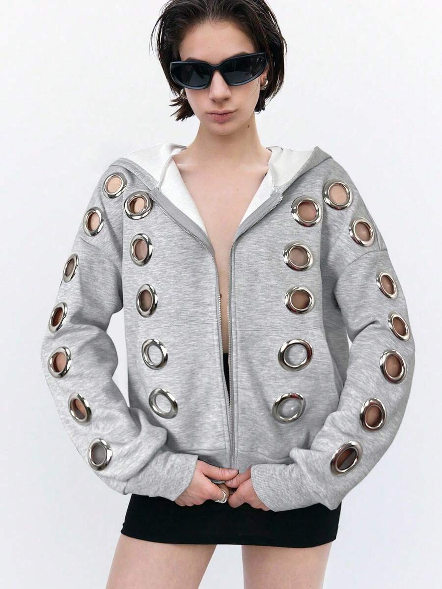 LYSMO 女士时尚前卫镂空设计灰色连帽衫，秋冬款 - 灰色 - 查看 1