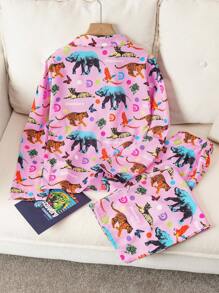 Discovery X SHEIN Women's Animal Print Long Sleeve Top And Pants Pajama Set, Fall Clothes