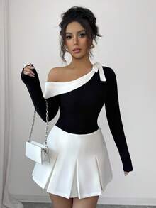 Elenzga 女式撞色拼布不对称领修身毛衣 - 黑色 - 查看 5