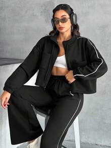 EURMUSE Women's Solid Casual Good Quality Drawstring Two Pieces Set - Black - View 3