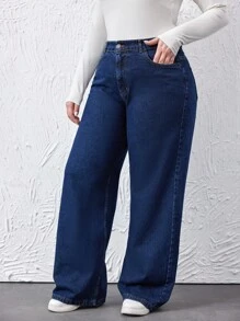 SHEIN Cottnline سراويل جينز قطن 100% واسعة الساق مقاسات كبيرة للنساء - أزرق داكن - مشاهدة 4