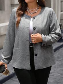 EMERY ROSE Plus Size Casual Commuter Simple Double Pocket Jacket, Suitable For Commuting, Casual Minimalist Style For Everyday Wear,Going Out, Suitable For Autumn And Winter Fall - Grey - View 1