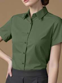 INAWLY Damska, swobodna, jednokolorowa, zielona koszula z krótkim rękawem na lato - Oliwkowy zielony - Zobacz 3