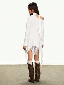 Women's Minimalist Printed Oblique Shoulder Casual Long Sleeve Dress Fall Cloth For Women - Beige - View 4