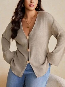 Elaquor 大码女式金属花单排扣长袖宽松休闲夹克 - 駝色 - 查看 6