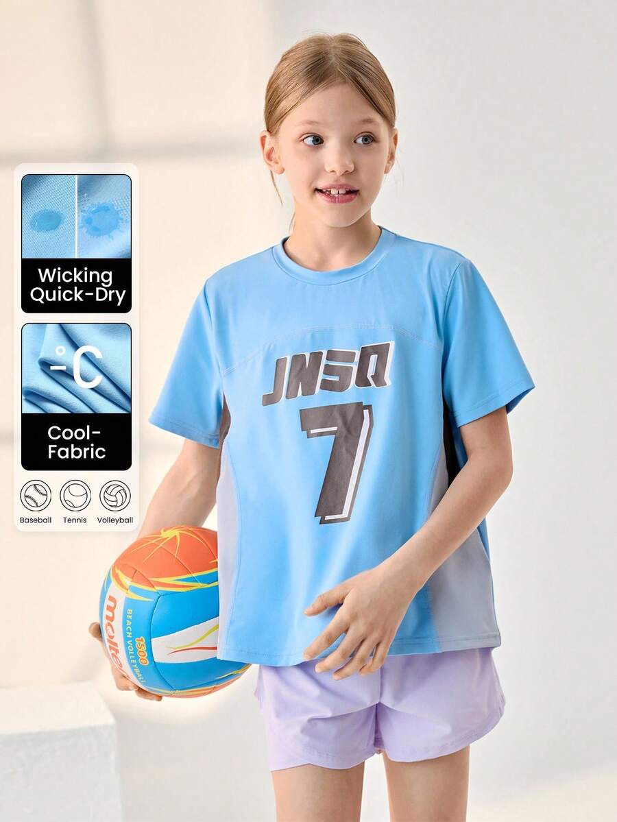 SHEIN Tween Girls Back To School Outdoor Sports Short Sleeve T-Shirt, Children's Round Neck Four-Needle Six-Thread Seamless Contrast Color Outdoor Sports Short Sleeve Top - Blue - View 1