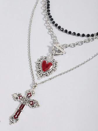 3pcs Gothic Style Black Beaded, Red Heart & Red Cross Necklace Set, Halloween Gift