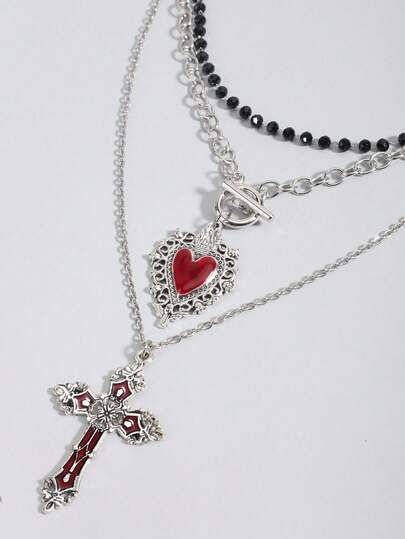 Goth 3pcs Gothic Style Black Beaded, Red Heart & Red Cross Necklace Set, Halloween Gift