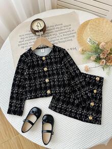 SHEIN Firerie Kids Young Girl Urban Chic Long Sleeve Jacket And Bodycon Mini Skirt Set Fall Winter