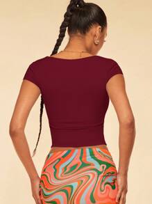 SHEIN BAE Áo thun nữ cổ vuông tay ngắn ôm vừa vặn - Màu Đỏ Sâu - Xem 2
