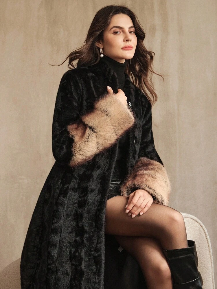 Giacca elegante e alla moda da donna in finta pelliccia di visone e volpe, con polsini in finta pelliccia, adatta per l'autunno/inverno