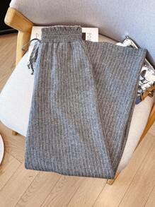 Franclia 女士亚麻质感条纹装饰腰部阔腿裤，休闲假日风格，春夏 - 深灰色 - 查看 1