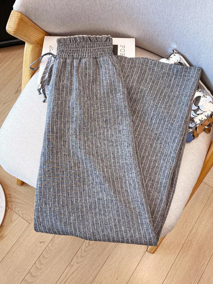 Franclia 女士亚麻质感条纹装饰腰部阔腿裤，休闲假日风格，春夏 - 深灰色 - 查看 1