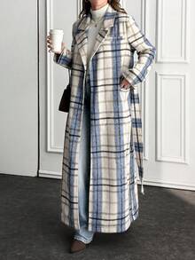EURMUSE Plaid Texture, Open Front, Belted, Cashmere Overcoats - Multicolor - View 4