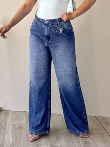 EURMUSE 100% Cotton Plus High Waist Asymmetric Belt Wide Leg Jean - Dark Wash - View 5