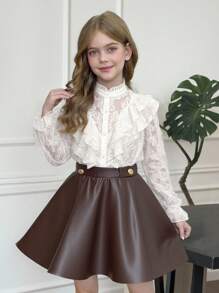 SHEIN بلوزة أنيقة وناعمة بأكمام واسعة مزخرفة بالجاكار ذات طوق عالي مع كشكشة، لون المشمش، مناسبة للارتداء اليومي والعودة للمدرسة - لون مشمشي - مشاهدة 10