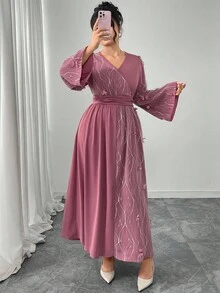 Modelyn Elegant Floral Patchwork Crossover Neck Flare Sleeve Plus Size Dress, Romantic & Fashionable Fall Cloth For Women - Pink - View 3