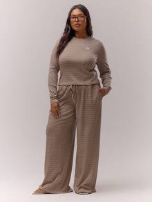 MUSERA Plus Wide Leg Baggy Drawstring Stripe Trousers Only Casual Cute Cosy   Night In - Multicolor - View 5