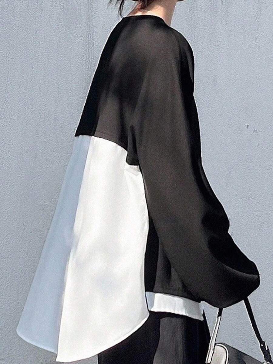 FRIFUL 女士度假面料拼布圆领宽松撞色不对称下摆短袖T恤，夏季休闲装 - 黑色 - 查看 1