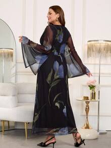 Gownix Plus Size Elegant Floral Print Fitted Black,Autumn,Elegant,Formal,Evening,Formal Maxi Dress,Long Sleeve Fall Winter Clothes For Women,Party - Multicolor - View 3