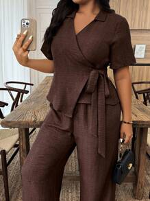 Weeklong Plus Size Women Solid Color Wrap Tie Front Top And Shorts Casual 2 Pieces Set