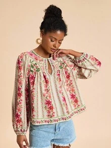 Travachic Chemise femme à manches longues avec imprimé placé tissé