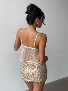 Aloruh 女士 Y2K 时尚优雅音乐节派对亮片吊带背心 - 杏色 - 查看 2