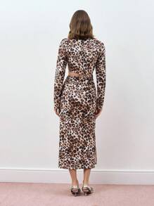 Maija Women's Leopard Print Stand Collar Long Sleeve Hollow-Out Waist Mid-Length Dress,Festival - Brown - View 7