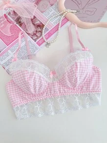 PetitDoll Sujetador con aros bordado con parches y cuadros dulces para mujer - Multicolor - Ver 3
