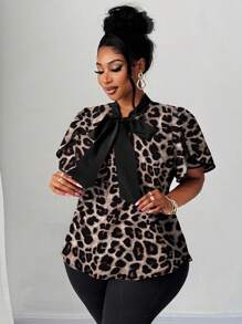 Maweii 大码女式优雅浪漫心形印花衬衫，蝴蝶结领子荷叶边拼色设计，春夏新品 - 彩色 - 查看 3