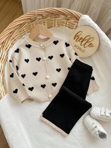 SHEIN Baby Girl Heart Pattern Long Sleeve Single-Breasted Knitted Cardigan And Knitted Pants Casual Suit,In Fall/Winter