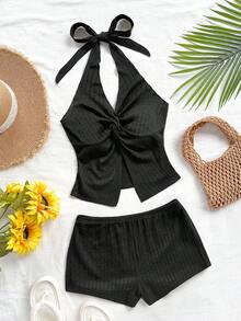 Soleia 2pcs Women Solid Color Twist Knot Hem Halter Top And Shorts Set Women's Summer Set Women Costume  Beach Outfit For Women Vacation Outfits For Women Casual - Black - View 6