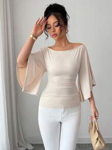 Selianne Camiseta elegante de mujer con cuello de barco y manga acampanada de punto - Albaricoque - Ver 4