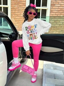 SHEIN Tween Girl Streetwear 可爱英文字母印花卫衣和紧身裤套装 - 白色 - 查看 5