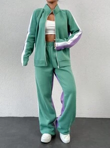 RueChic Cotton Contrast Side Seam Raglan Sleeve Jacket & Pants - Multicolor - View 3