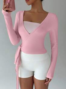 FavEase 粉色瑜伽健身运动夹克，超弹柔软裹身 V 领长袖短款 T 恤，时尚简约休闲优雅百搭衣橱必备设计，适合女性，春秋季 - 粉色 - 查看 4